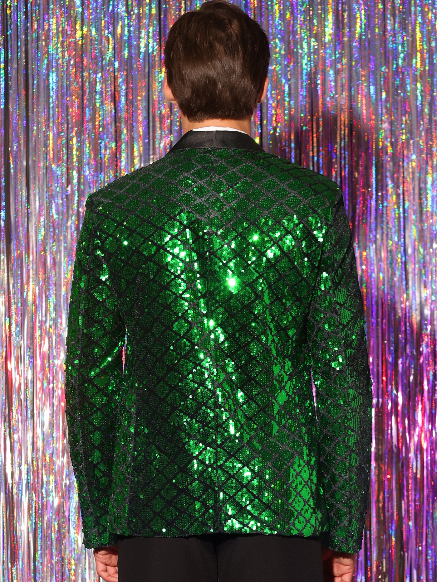 Bublédon Sequin Tuxedo for Men's Argyle Pattern Peak Lapel Prom Shiny Blazer