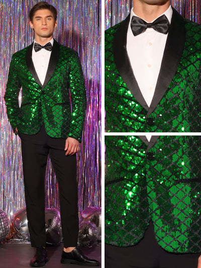 Sequin Tuxedo for Men's Argyle Pattern Peak Lapel Prom Shiny Blazer