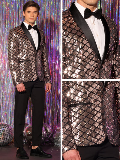Sequin Tuxedo for Men's Argyle Pattern Peak Lapel Prom Shiny Blazer