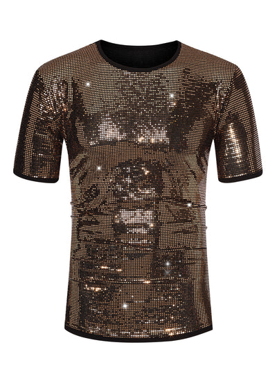 Sequin Shirts for Men's Short Sleeves Crew Neck Nightclub Party T-Shirts