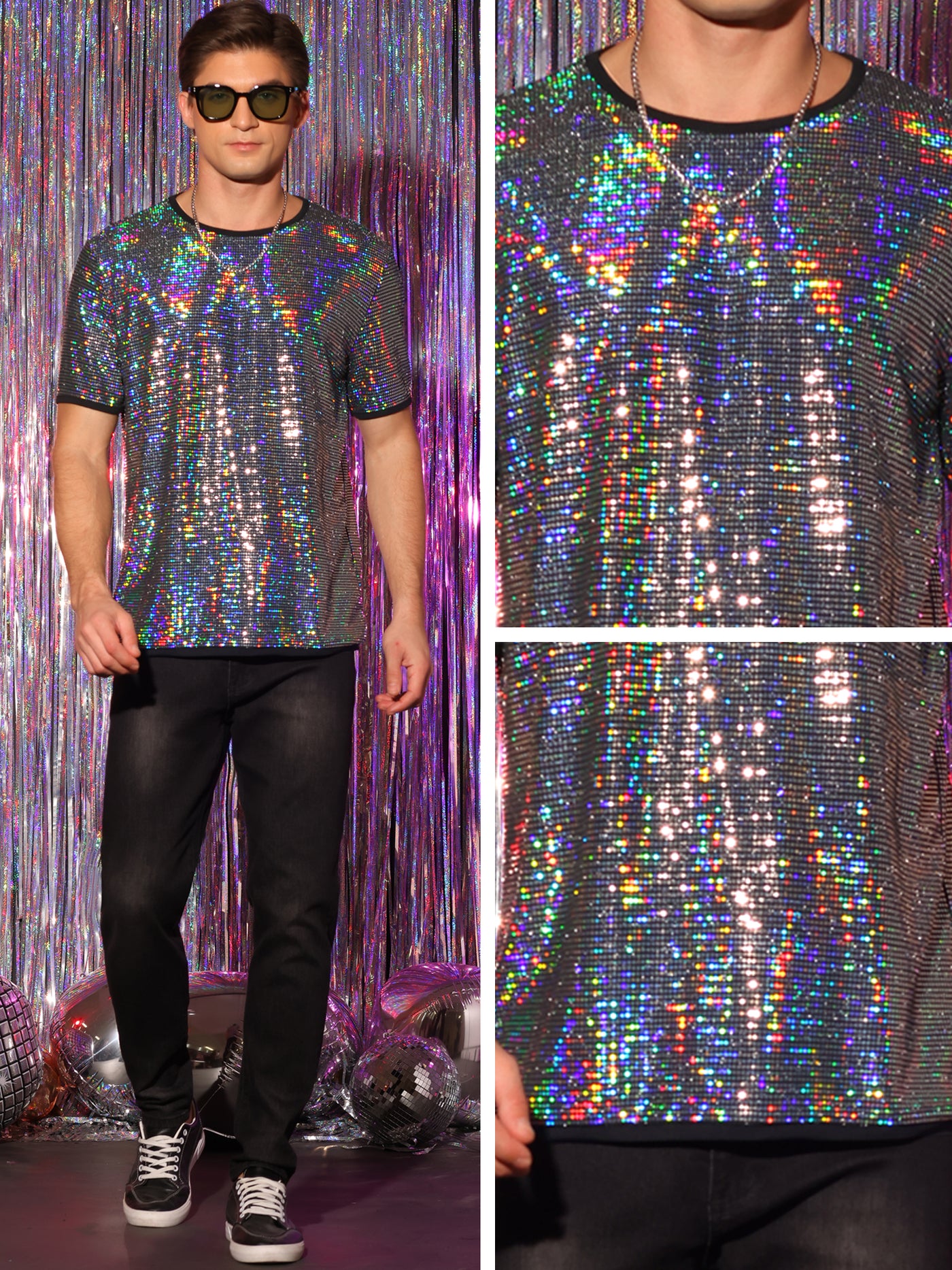 Bublédon Sequin Shirts for Men's Short Sleeves Crew Neck Nightclub Party T-Shirts