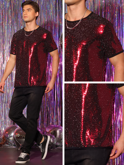 Sequin Shirts for Men's Short Sleeves Crew Neck Nightclub Party T-Shirts
