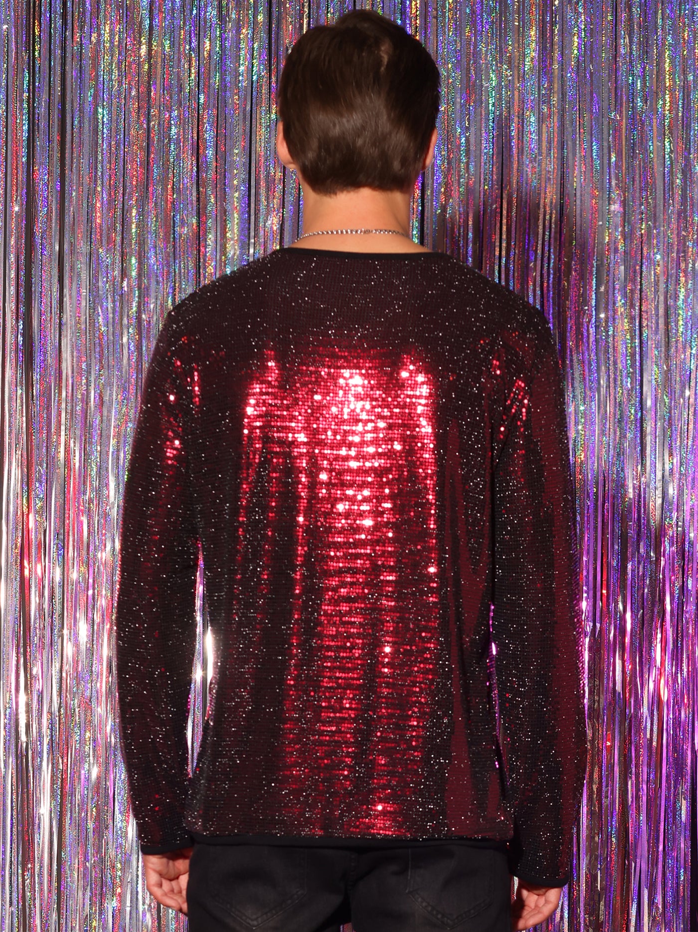 Bublédon Sequins T-Shirt for Men's Crew Neck Long Sleeves Party Clubwear Sparkly Tee Tops