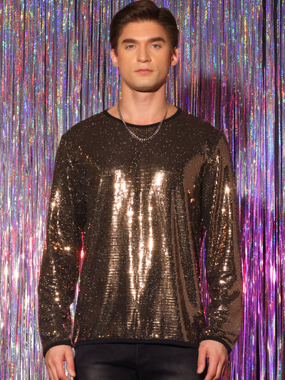 Sequins T-Shirt for Men's Crew Neck Long Sleeves Party Clubwear Sparkly Tee Tops