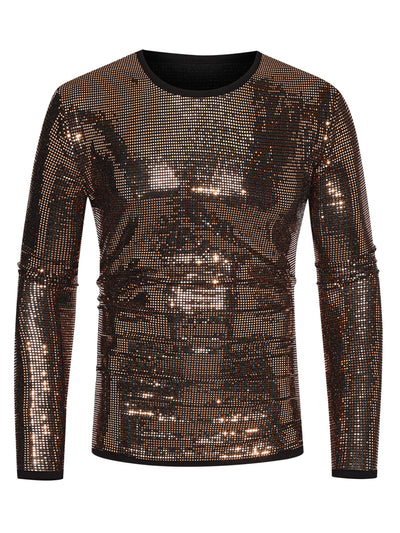 Sequins T-Shirt for Men's Crew Neck Long Sleeves Party Clubwear Sparkly Tee Tops