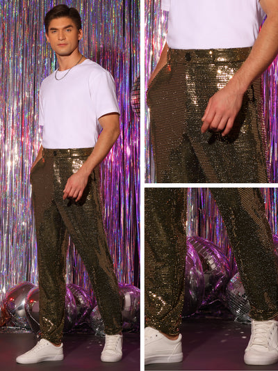 Sequins Pants for Men's Party Disco Shiny Sparkly Straight Leg Trousers