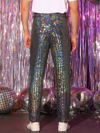 Sequins Pants for Men's Party Disco Shiny Sparkly Straight Leg Trousers