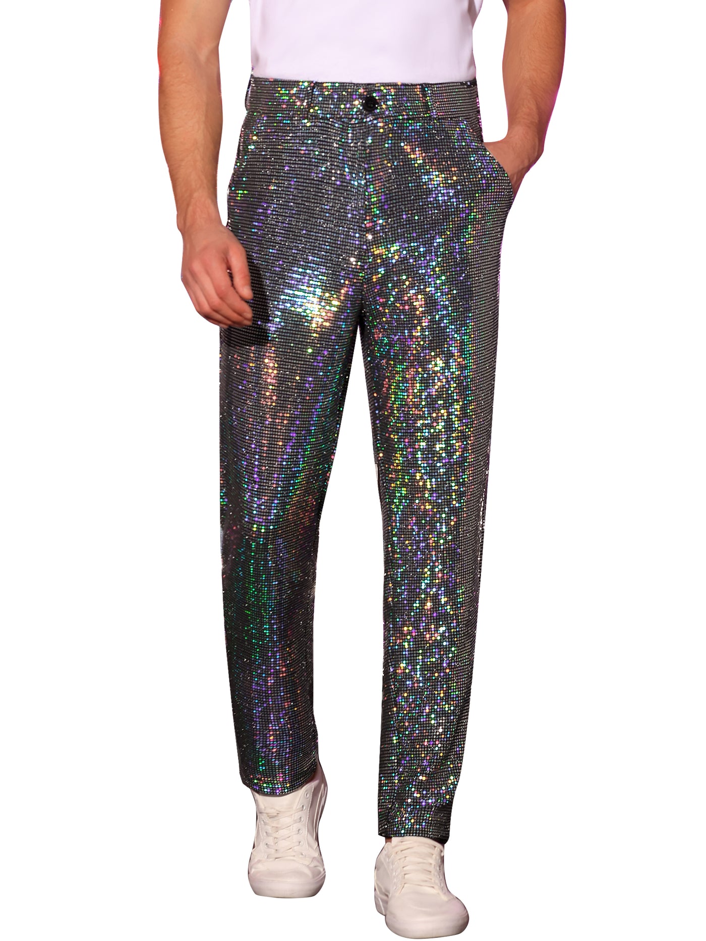 Bublédon Sequins Pants for Men's Party Disco Shiny Sparkly Straight Leg Trousers
