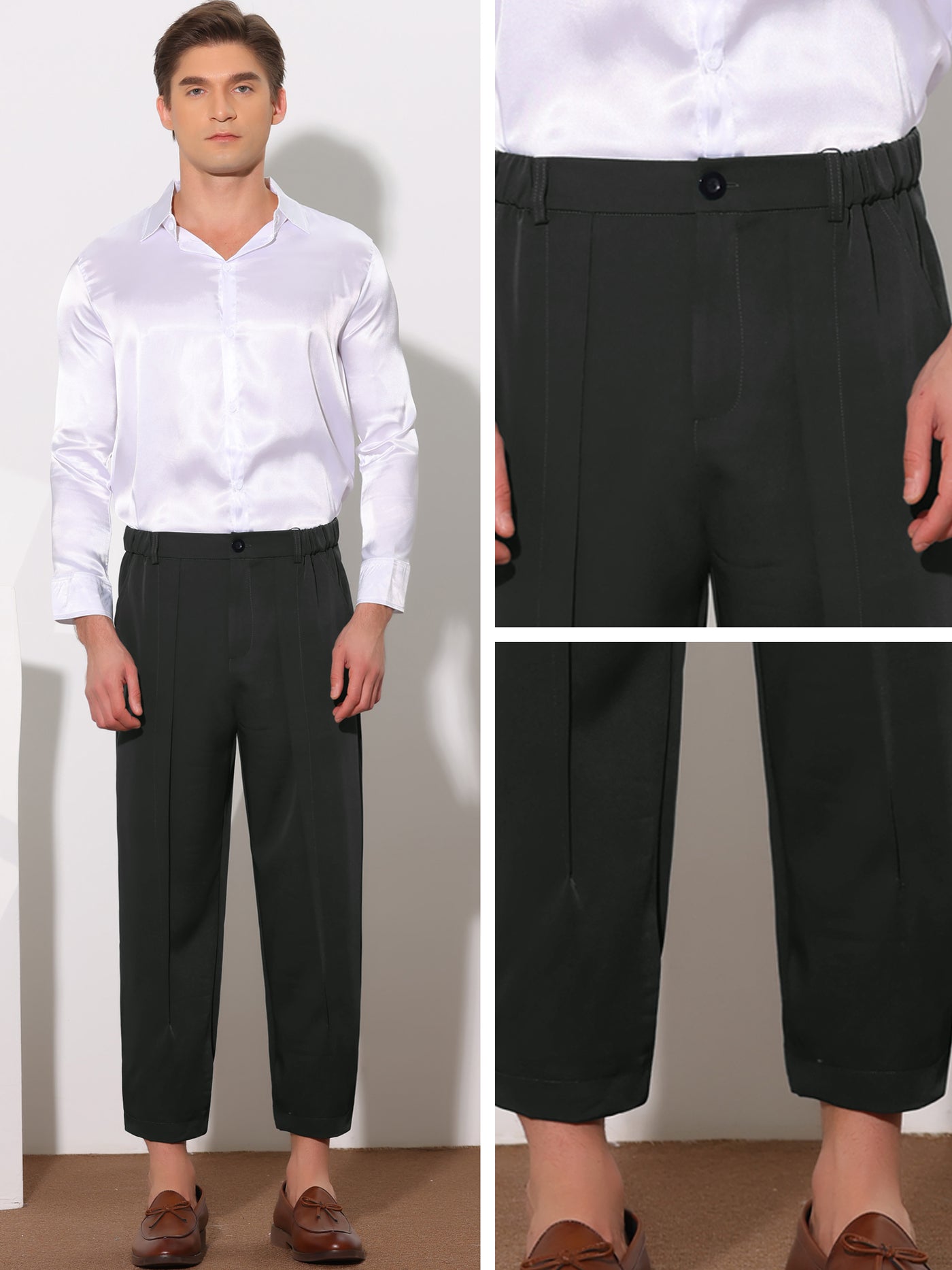Bublédon Men's Solid Color Elastic Waist Ankle Length Tapered Cropped Dress Pants