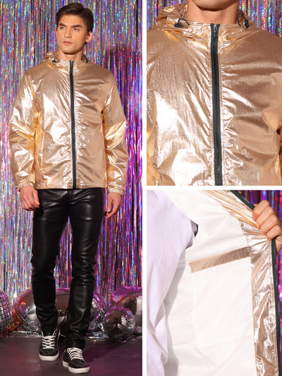 Men's Metallic Windbreaker Drawstring Hooded Zipper Party Club Jacket