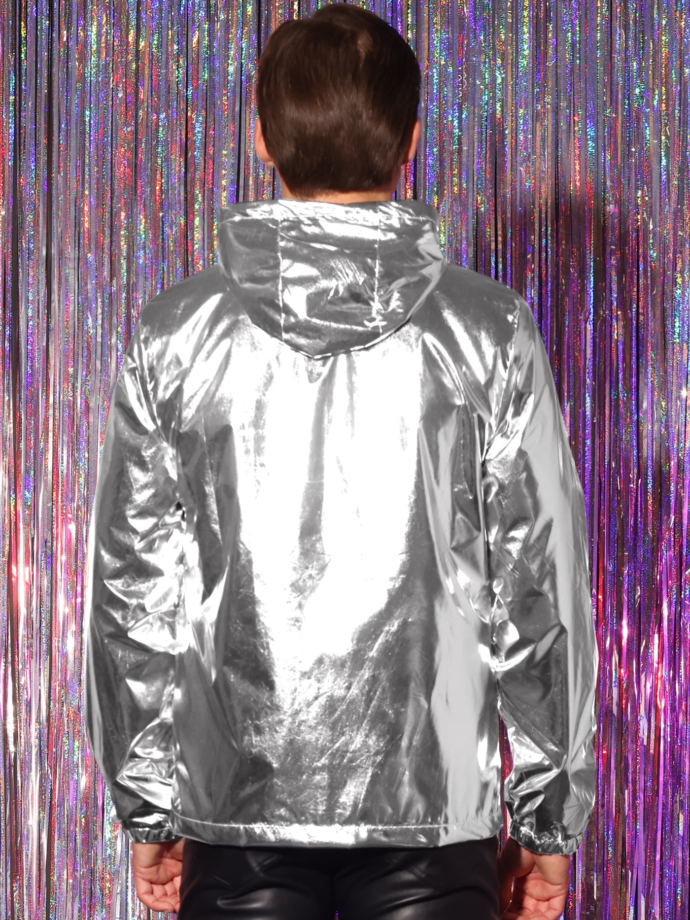 Bublédon Men's Holographic Long Sleeves Zipper Hooded Jackets Metallic Coats