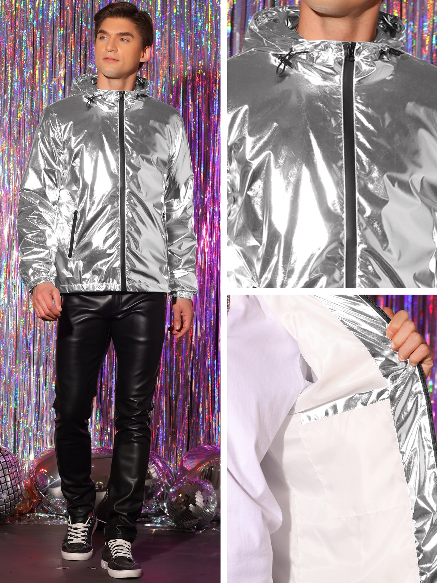 Bublédon Men's Holographic Long Sleeves Zipper Hooded Jackets Metallic Coats