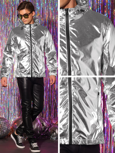 Men's Holographic Long Sleeves Zipper Hooded Jackets Metallic Coats