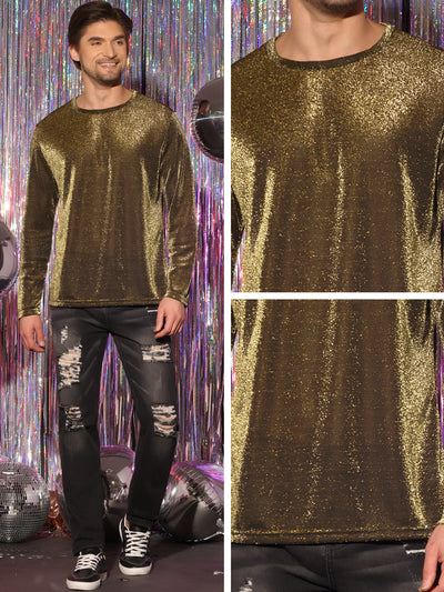 Men's Mesh SheerLong Sleeves Club Party Glitter See Through Tee T-Shirt Tops