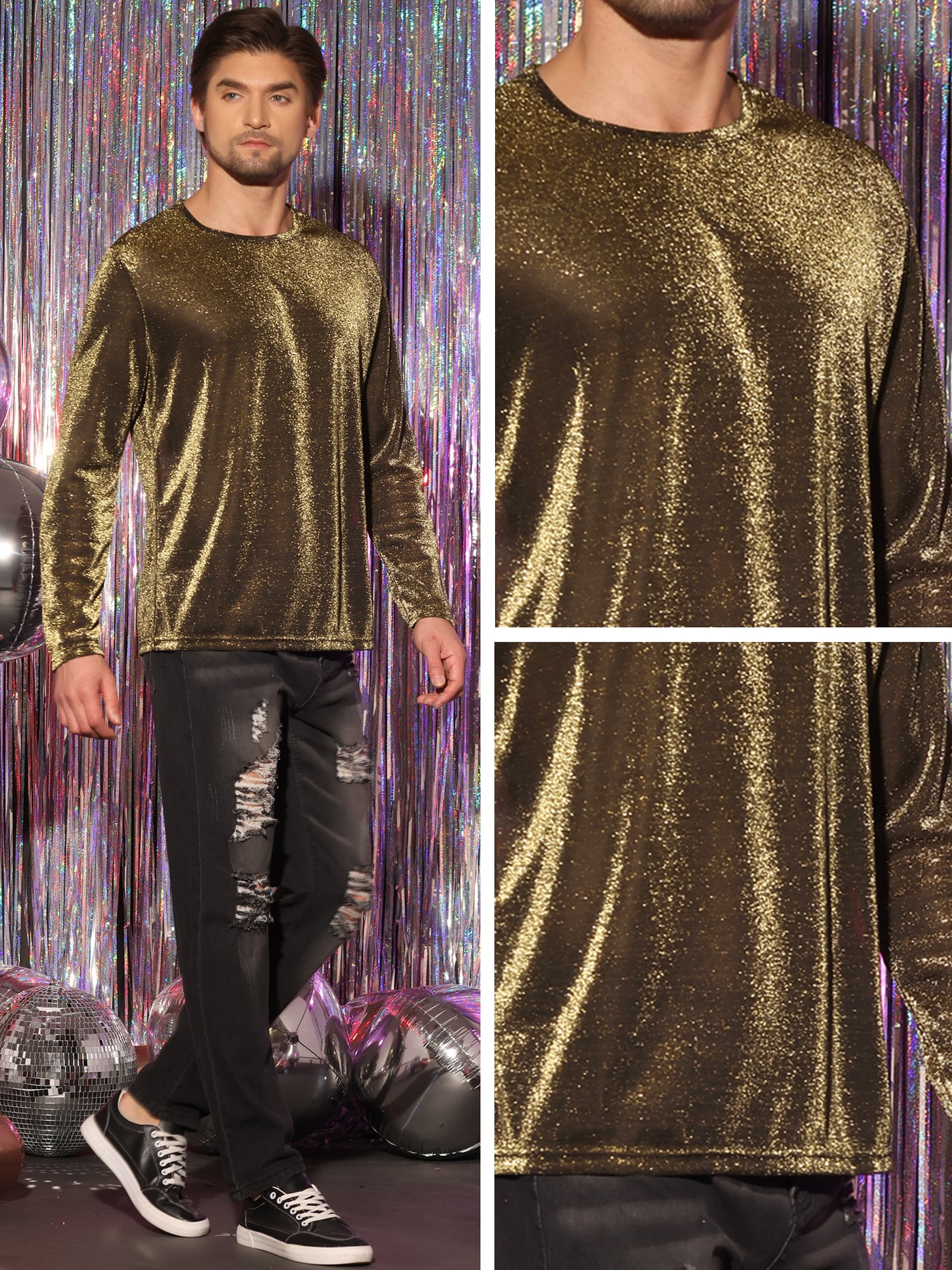 Bublédon Men's Mesh SheerLong Sleeves Club Party Glitter See Through Tee T-Shirt Tops