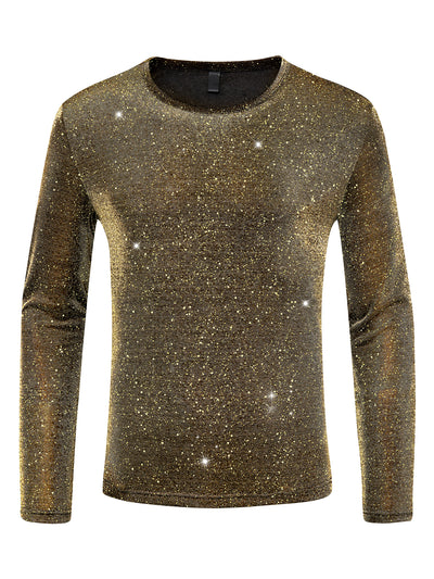 Men's Mesh SheerLong Sleeves Club Party Glitter See Through Tee T-Shirt Tops