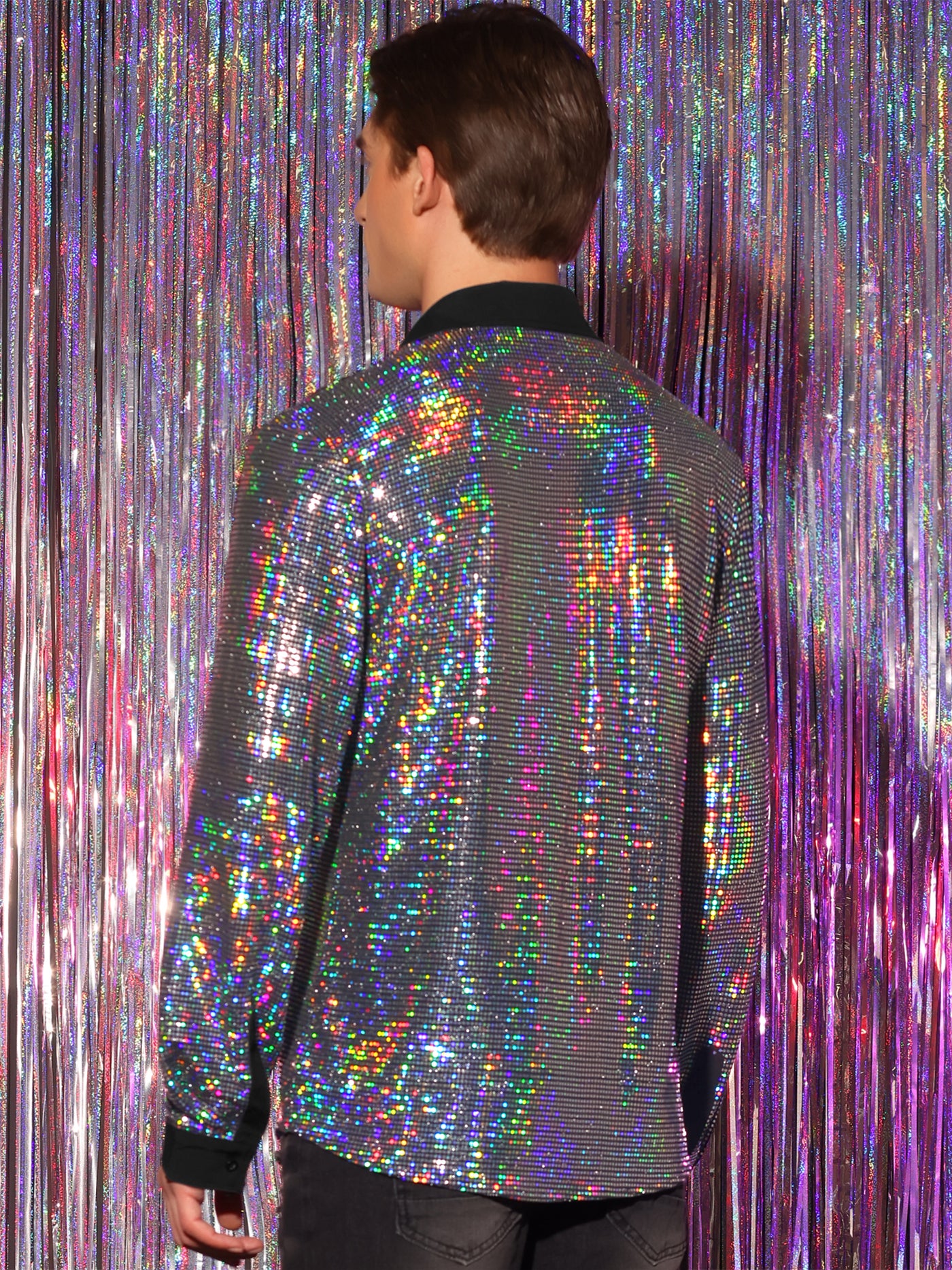 Bublédon Sequin Shirt for Men's Long Sleeves Button Down Disco Party Metallic Shiny Shirts