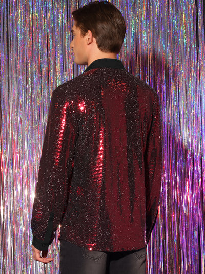 Sequin Shirt for Men's Long Sleeves Button Down Disco Party Metallic Shiny Shirts