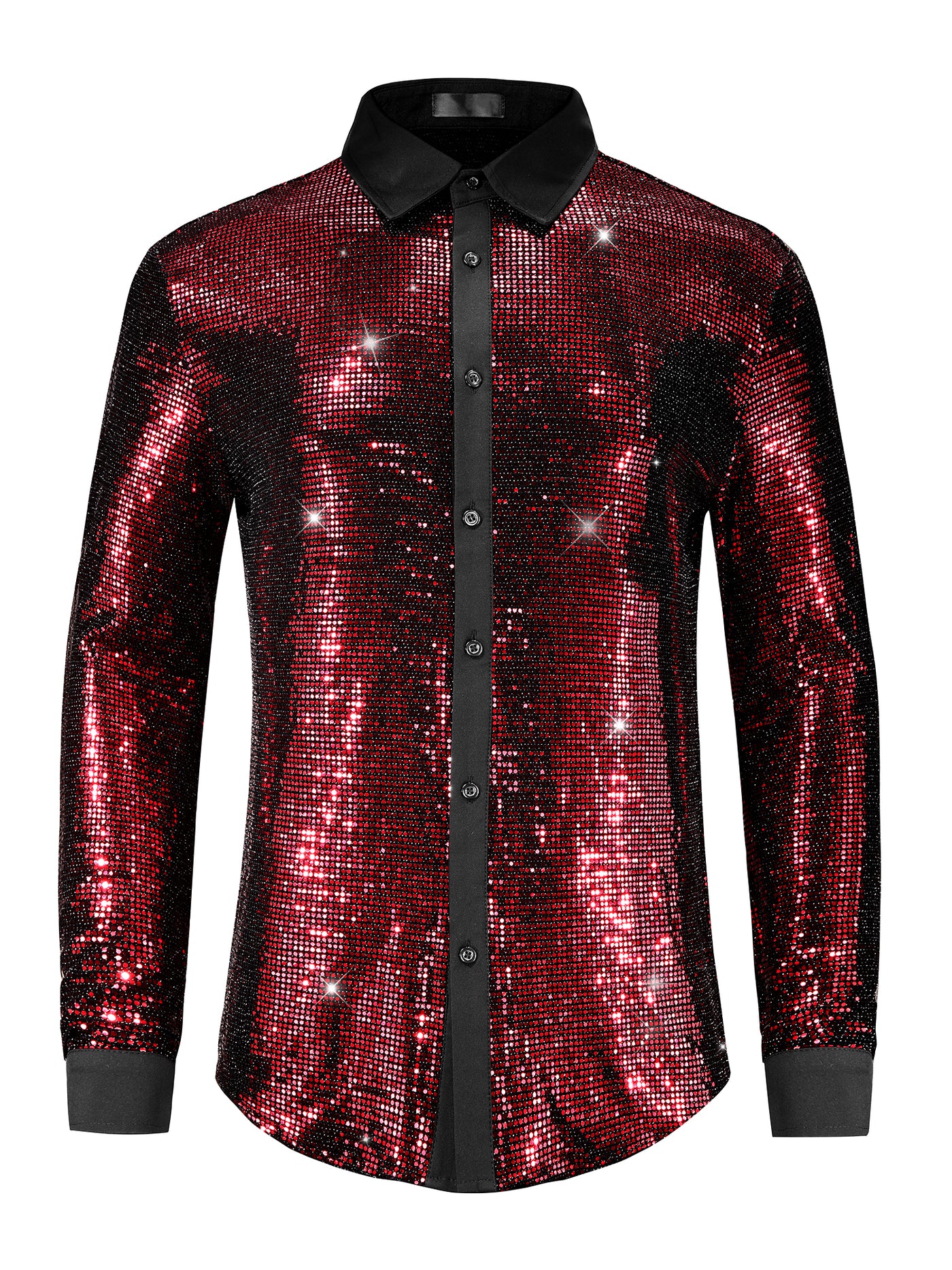 Bublédon Sequin Shirt for Men's Long Sleeves Button Down Disco Party Metallic Shiny Shirts