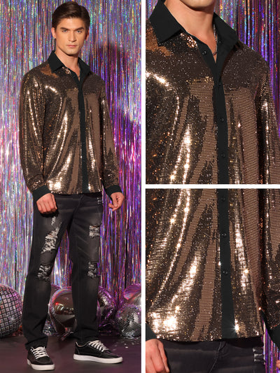 Sequin Shirt for Men's Long Sleeves Button Down Disco Party Metallic Shiny Shirts