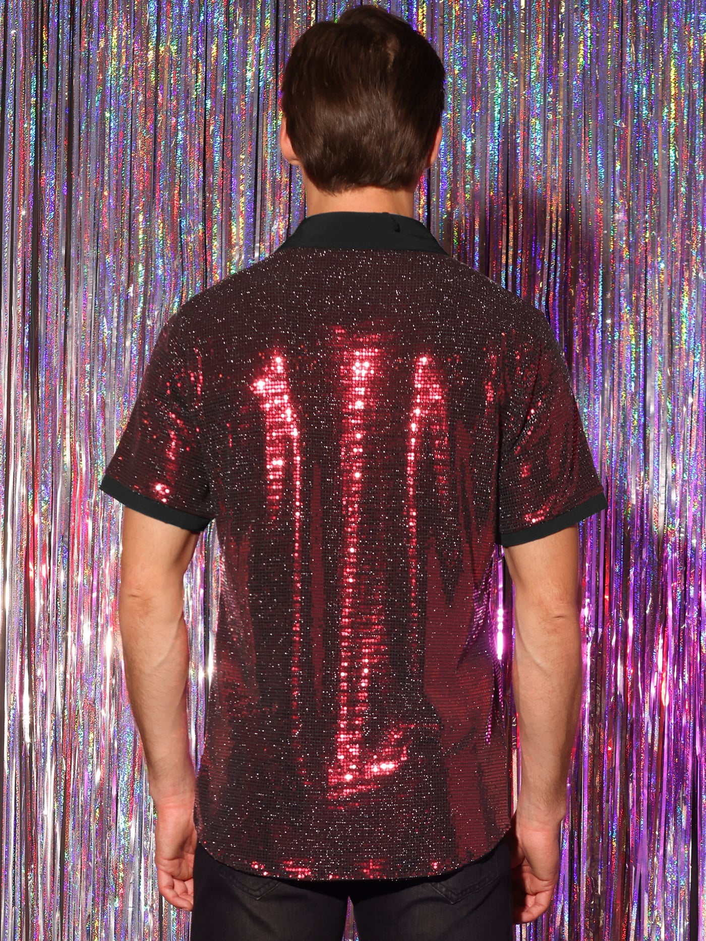 Bublédon Sequins Shirts for Men's Contrasting Color Short Sleeves Disco Party Sparkly Shirt
