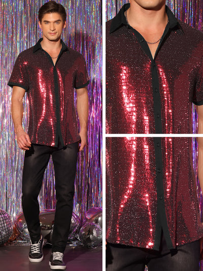 Sequins Shirts for Men's Contrasting Color Short Sleeves Disco Party Sparkly Shirt