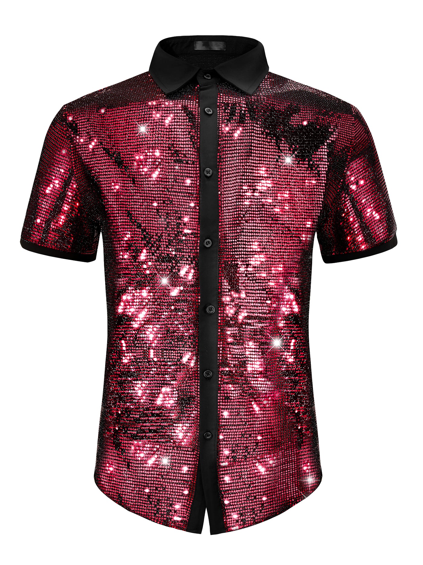 Bublédon Sequins Shirts for Men's Contrasting Color Short Sleeves Disco Party Sparkly Shirt