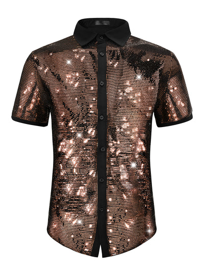 Sequins Shirts for Men's Contrasting Color Short Sleeves Disco Party Sparkly Shirt