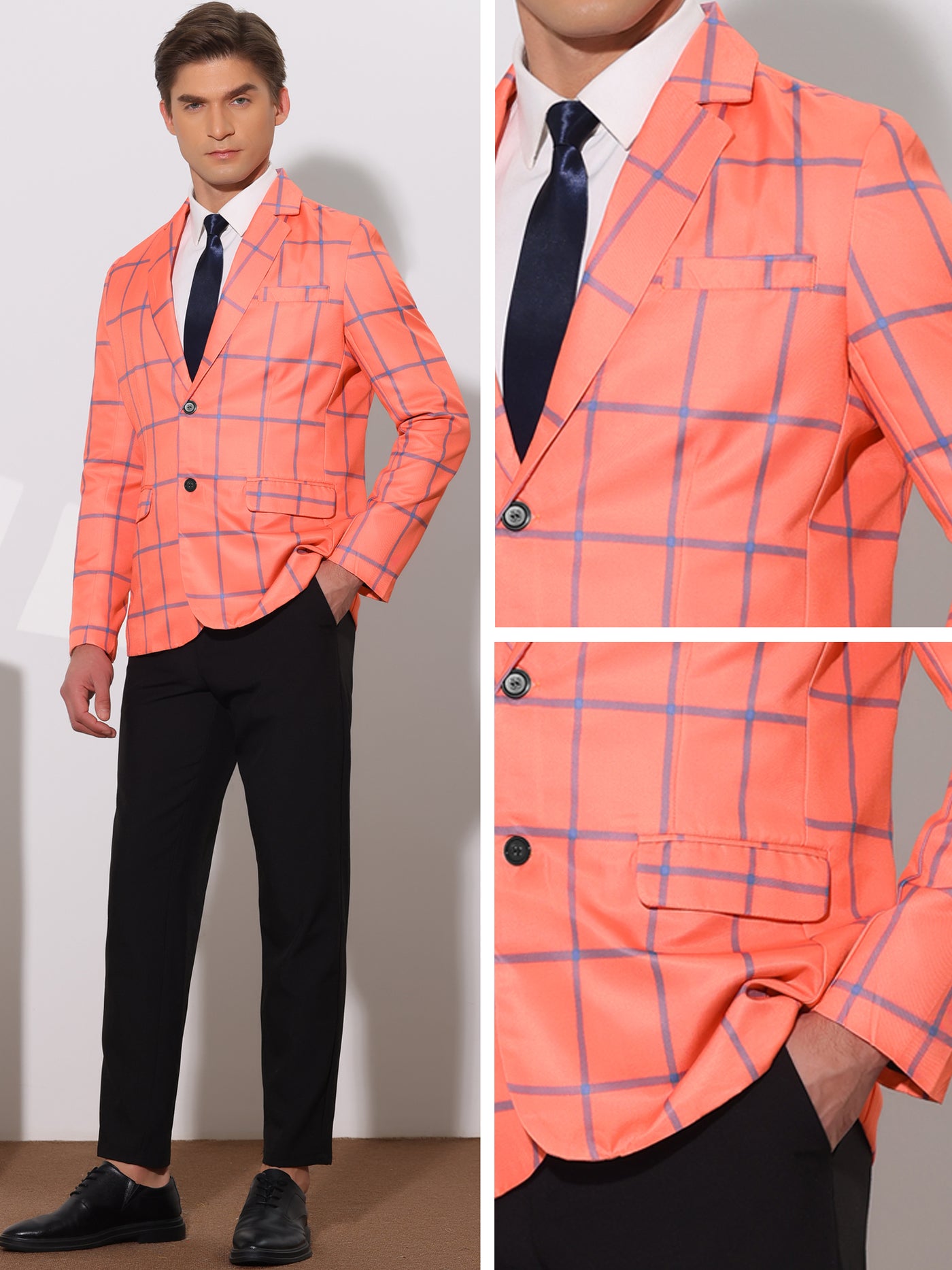 Bublédon Plaid Blazers for Men's Contrasting Color Notch Lapel Two Button Sports Coat