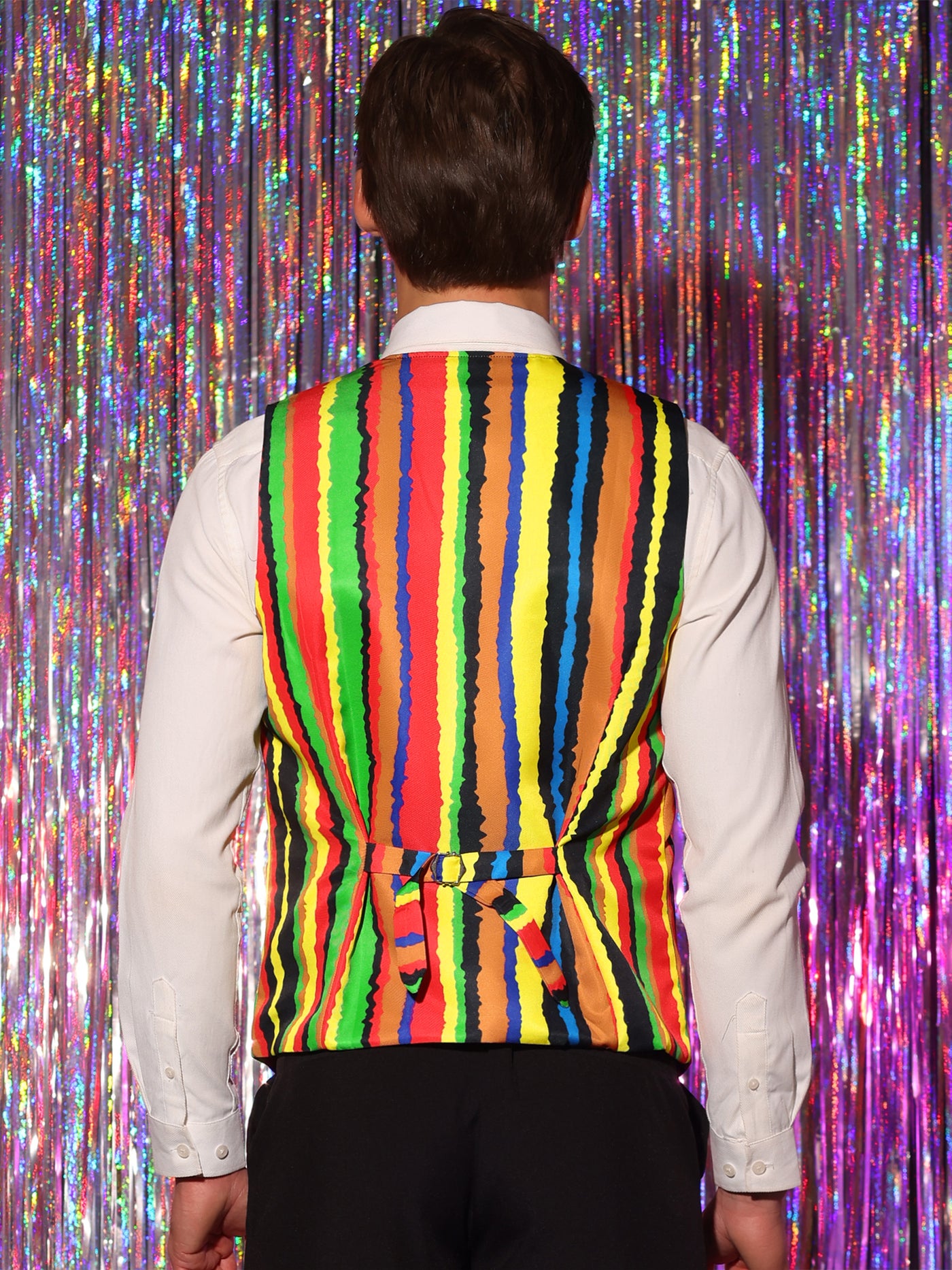 Bublédon Men's Rainbow Suit Vest Single Breasted V Neck Colorful Stripes Waistcoat