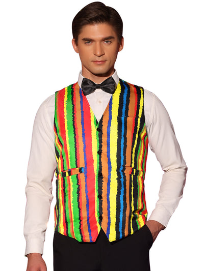 Men's Rainbow Suit Vest Single Breasted V Neck Colorful Stripes Waistcoat