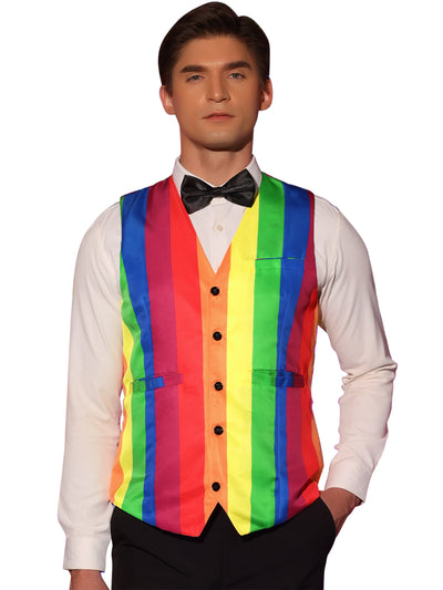 Men's Rainbow Suit Vest Single Breasted V Neck Colorful Stripes Waistcoat