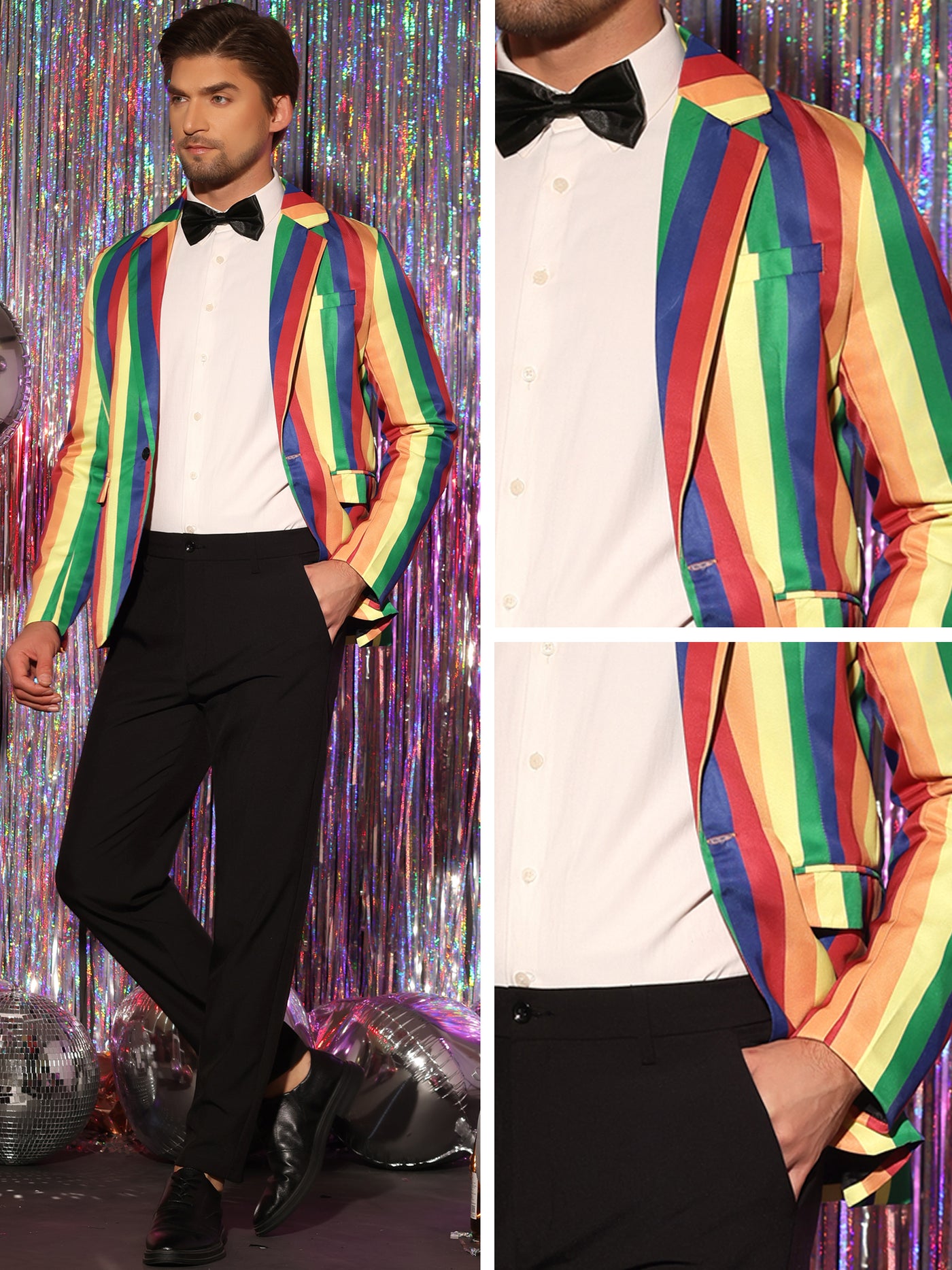 Bublédon Men's Rainbow Striped Notch Lapel Prom Party Blazer Sports Coat Suit Jacket