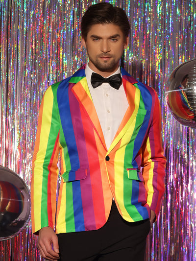 Men's Rainbow Striped Notch Lapel Prom Party Blazer Sports Coat Suit Jacket