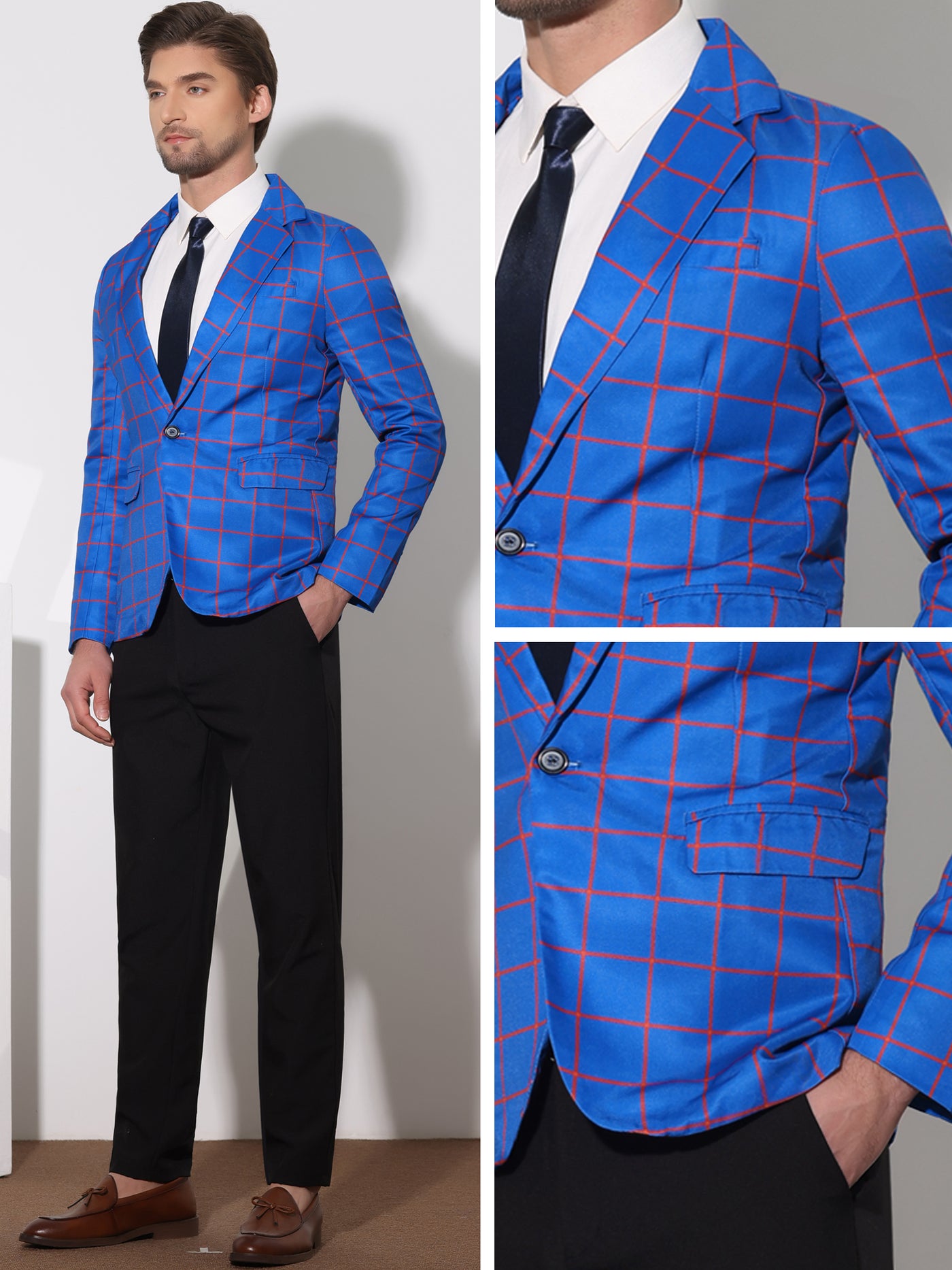 Bublédon Men's Notch Lapel Contrasting Color Checked Pattern Sports Coat Plaid Blazers