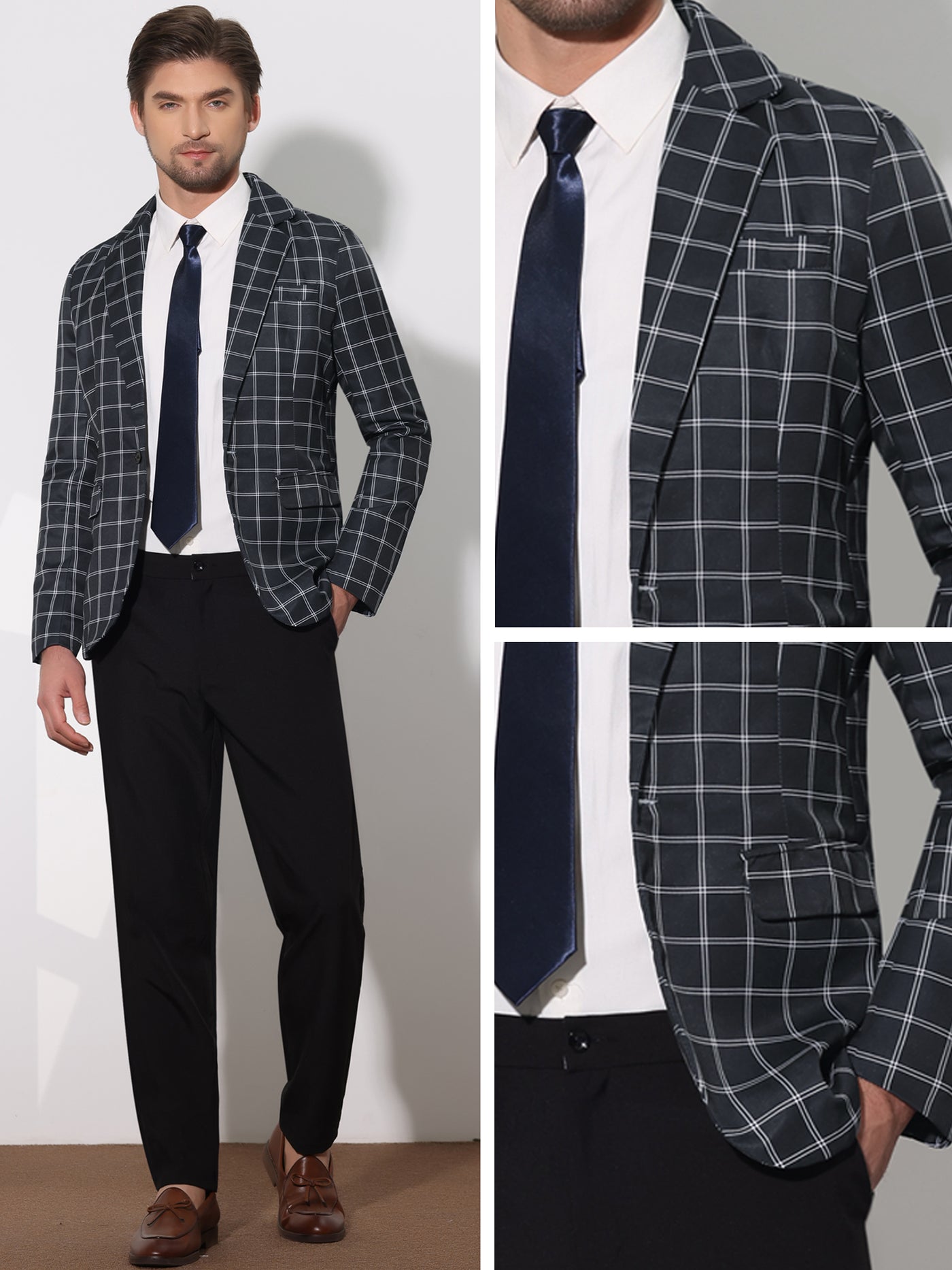 Bublédon Men's Notch Lapel Contrasting Color Checked Pattern Sports Coat Plaid Blazers