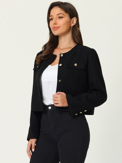 Bublédon Women's Work Cropped Blazer Long Sleeve Elegant Tweed Jacket