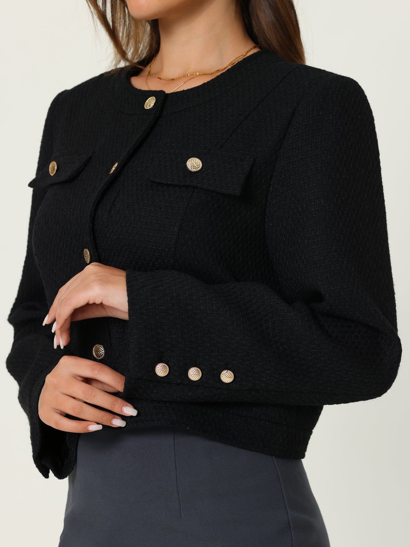 Bublédon Women's Work Cropped Blazer Long Sleeve Elegant Tweed Jacket