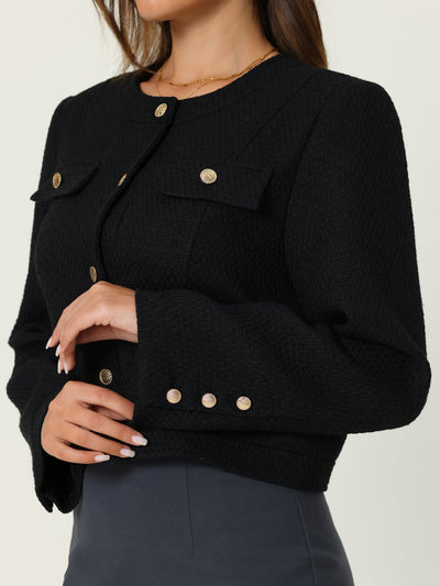 Women's Work Cropped Blazer Long Sleeve Elegant Tweed Jacket