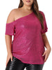 Plus Size Sequin Sparkly One Shoulder Short Sleeve Party Tops Blouses