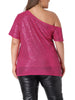 Plus Size Sequin Sparkly One Shoulder Short Sleeve Party Tops Blouses