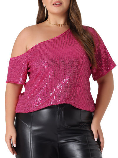 Plus Size Sequin Sparkly One Shoulder Short Sleeve Party Tops Blouses