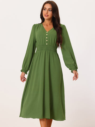 Women's Casual Long Sleeve V Neck Vintage Smocked Waist Flowy Midi Dress