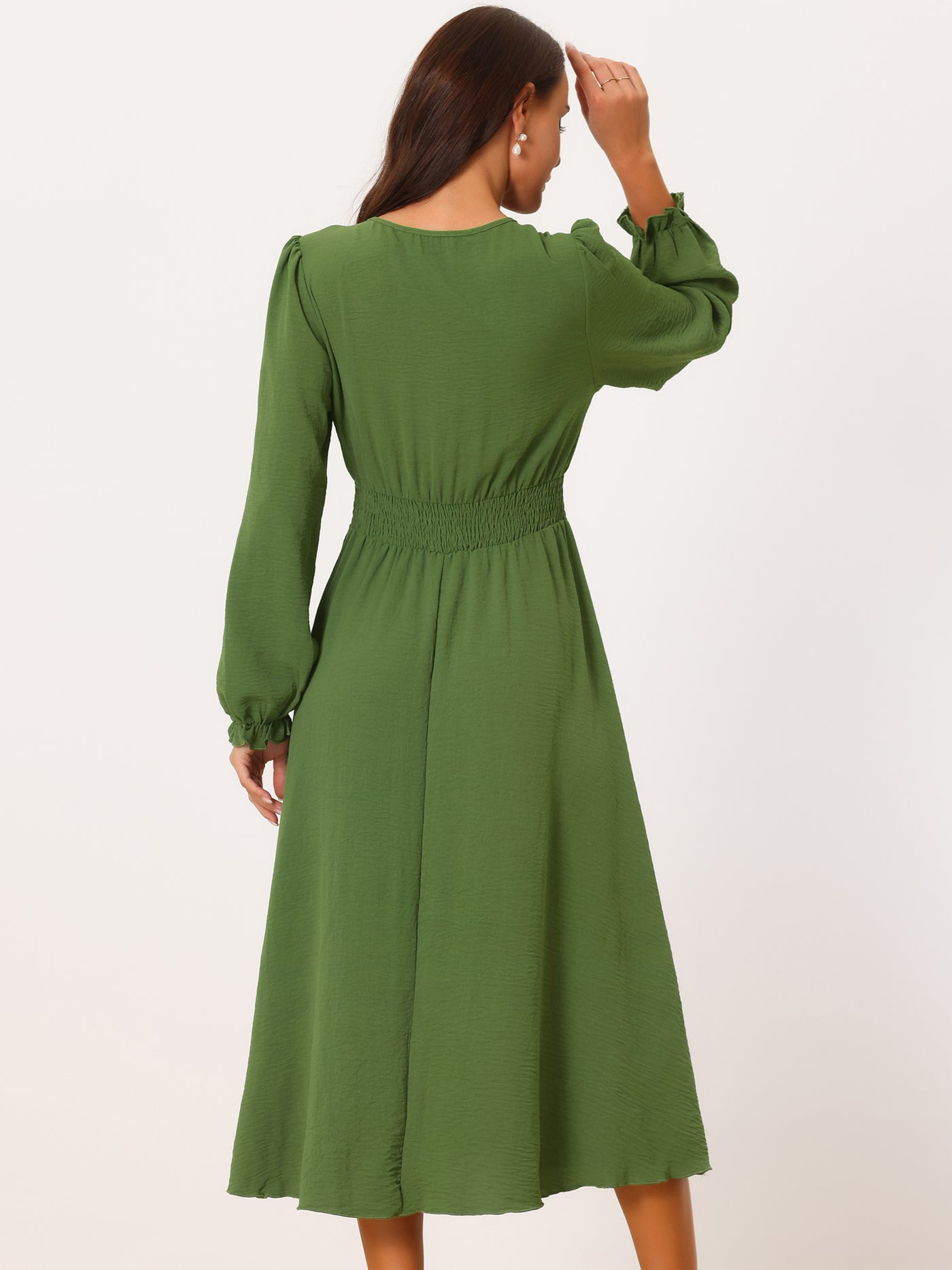 Bublédon Women's Casual Long Sleeve V Neck Vintage Smocked Waist Flowy Midi Dress