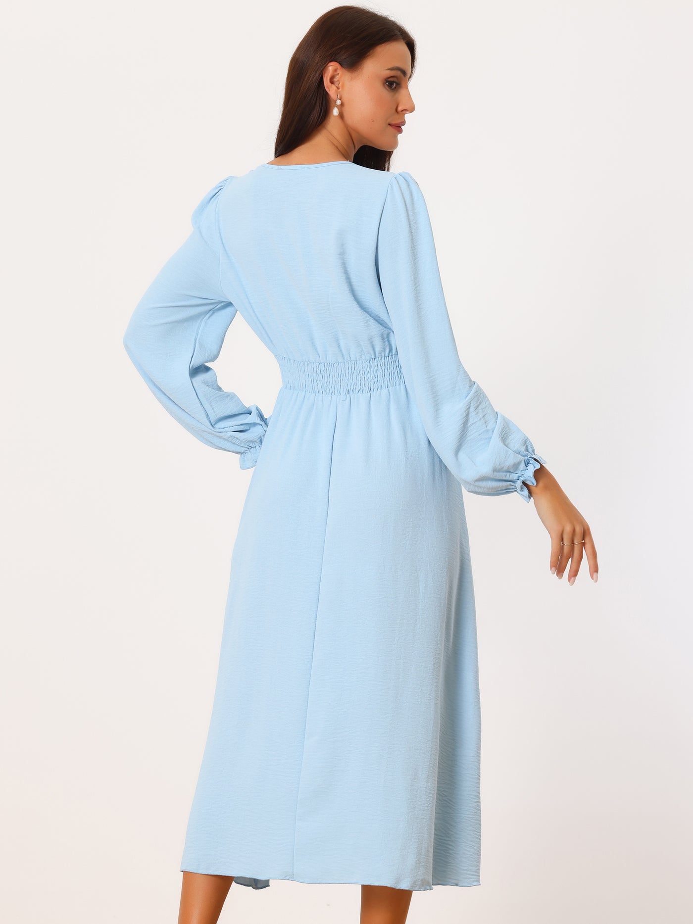 Bublédon Women's Casual Long Sleeve V Neck Vintage Smocked Waist Flowy Midi Dress