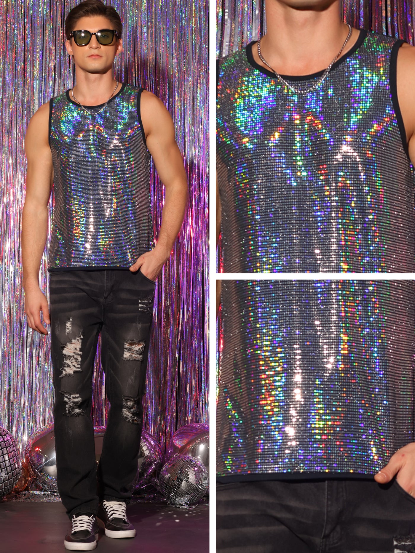 Bublédon Sequin Tank Top for Men's Shiny Nightclub Party Metallic Sleeveless T-Shirts