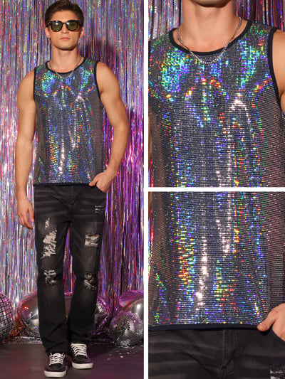 Sequin Tank Top for Men's Shiny Nightclub Party Metallic Sleeveless T-Shirts