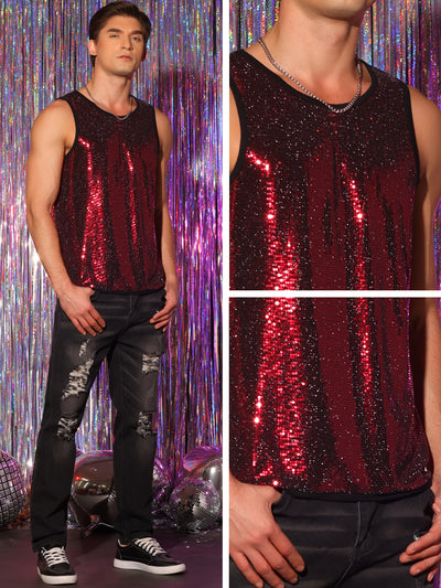 Sequin Tank Top for Men's Shiny Nightclub Party Metallic Sleeveless T-Shirts
