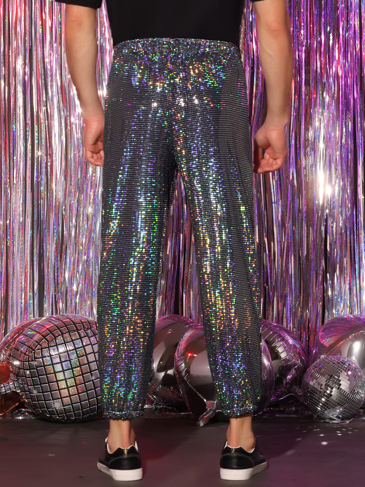 Bublédon Sequins Drawstring Pants for Men's Elastic Waist Nightwear Club Shiny Jogger