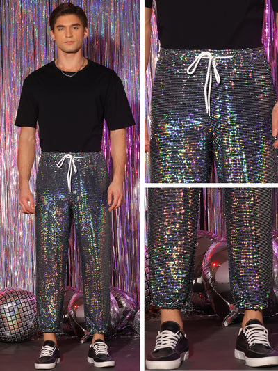 Sequins Drawstring Pants for Men's Elastic Waist Nightwear Club Shiny Jogger
